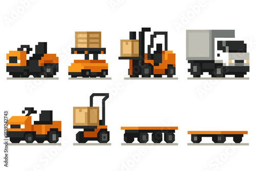 Factory Fleet Icons. Factory logistics fleet set of icons in flat pixel vector style: warehouse tug, pallet shuttle, cargo loader, box truck, yard tractor, utility buggy, transfer