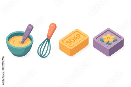 Soap Making Icons. Homemade Soap Essentials flat isometric set: blend bowl, trace-level whisk, decorative stamp plate.