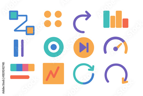 Listener Engagement Icons. Listener Behavior Mapping flat set: engagement path tile, attention cluster dot, playback flow arrow, sentiment pulse bar, pause–resume marker, content