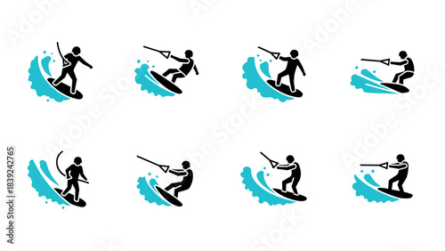 Dynamic watersports silhouettes: series of surfing and wakeboarding icons