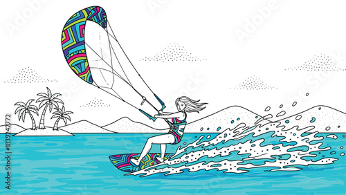 Colorful kite surfing in tropical waters with geometric patterns and palm island