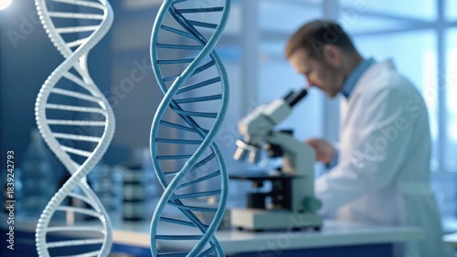 A scientist examines DNA strands near a microscope in a modern laboratory, highlighting the intersection of research and genetic studies.