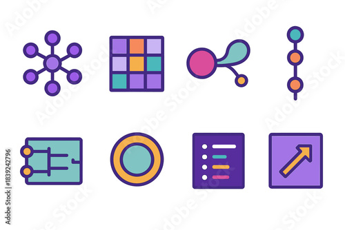 Modern Machine Intelligence Icons. Machine intelligence modules flat set: neural cluster icon, weight matrix tile, signal pathway bar, activation node, data stream bead, logic