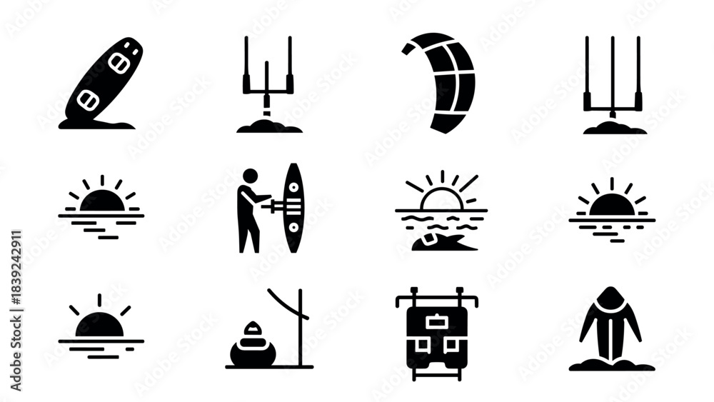 Fototapeta premium Kitesurfing icon set featuring gear and sunset scenes in minimalist style