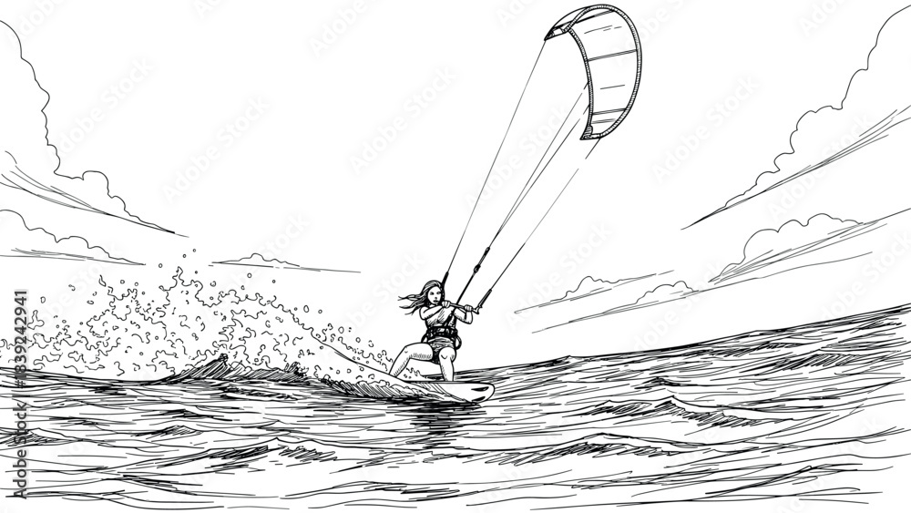 Fototapeta premium Dynamic kiteboarding adventure with waves and wind in black and white sketch style