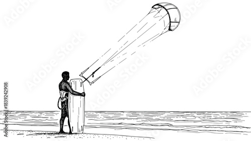 Beach adventure: kiteboarding with a surfboard in hand-drawn line art style
