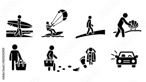 Minimalist icons of outdoor and daily activities with stick figures