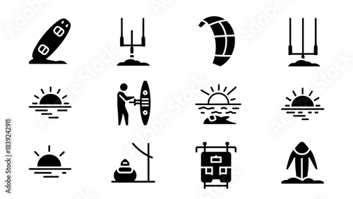 Kitesurfing icon set featuring gear and sunset scenes in minimalist style