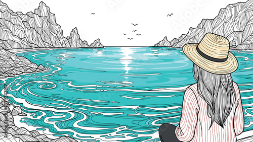 Tranquil ocean view with woman in hat relaxing by the sea in line art style
