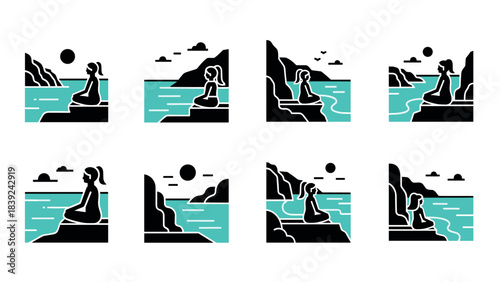 Minimalist coastal meditation scenes featuring woman in nature at sunset