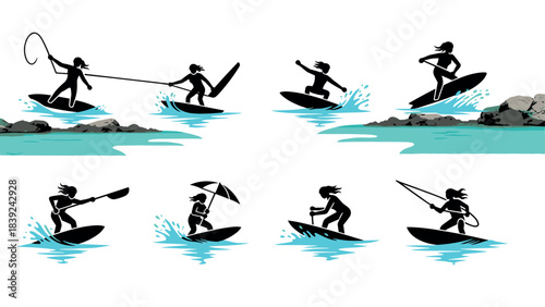 Silhouette water sports activities with paddle boarding, windsurfing, and fishing