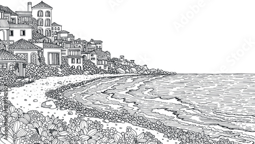 Coastal village landscape in detailed line art with beachfront view