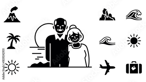 Linear travel icons with senior couple, beach elements, and adventure symbols