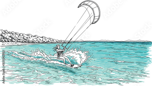 Exciting coastal kiteboarding scene in detailed sketch design with vibrant ocean waves