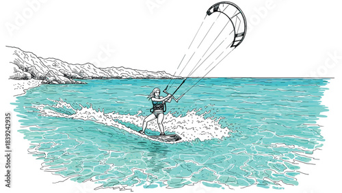 Dynamic kiteboarding action: woman rides the waves in coastal adventure scene