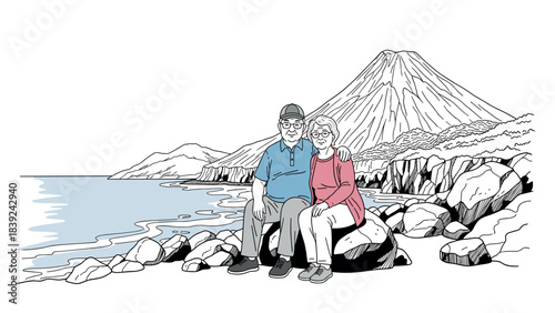Elderly couple relaxing by mountain landscape with ocean view in line art