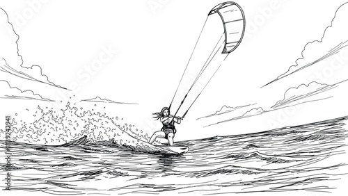 Dynamic kiteboarding adventure with waves and wind in black and white sketch style