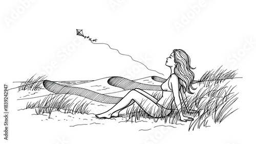 Relaxing at the beach: woman enjoying ocean breeze and flying kite in sketch art