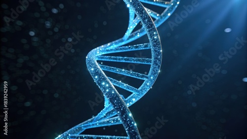 A vibrant, glowing representation of a DNA double helix, symbolizing genetic structure and molecular biology in a dark, illuminated environment.