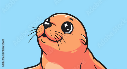 Adorable cartoon seal with a cute expression and bright eyes looking up.