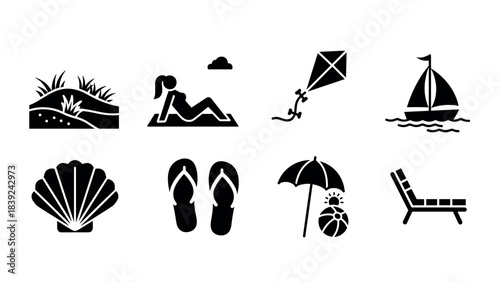 Black silhouette beach icons: relaxation, adventure, and fitness in simple designs
