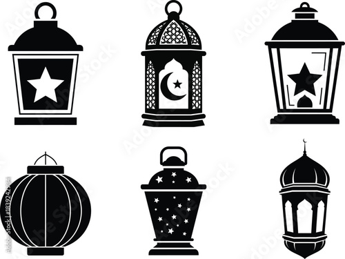 Collection of black silhouette middle eastern and moroccan style lanterns