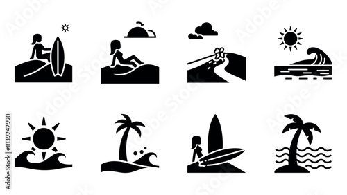 Summer beach icons: surfing, relaxation, and sun silhouettes
