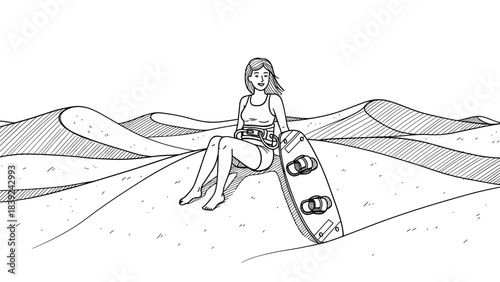 Woman relaxing with kiteboard on sand dunes in linear black and white art