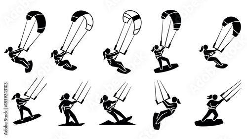 Kiteboarding silhouette collection featuring dynamic poses and parachutes