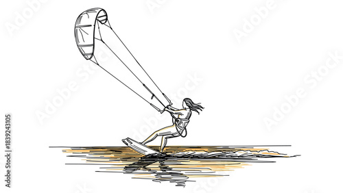 Kiteboarding adventure with dynamic line art on water