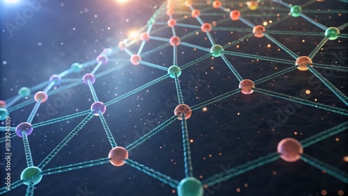 A vibrant digital network of interconnected nodes and lines, symbolizing data flow and connectivity in a futuristic environment.