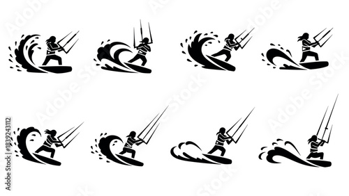 Silhouette kite surfer riding waves collection on white background