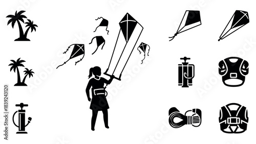 Kitesurfing adventure: black and white silhouette design with palm trees and equipment