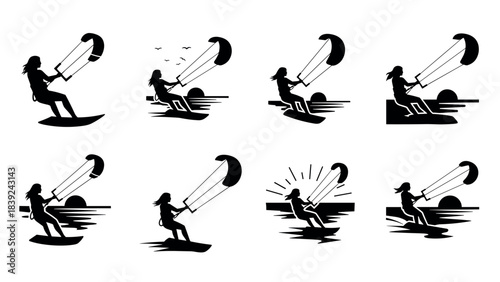 Silhouette collection of kiteboarding poses at sunset: dynamic ocean adventures