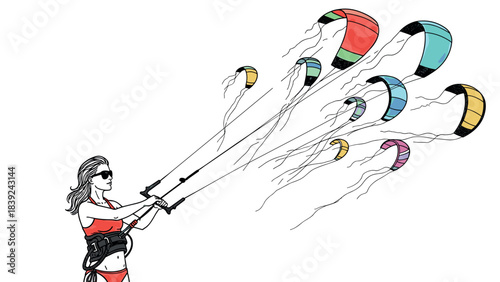 Colorful kiteboarding adventure with woman controlling bright kites