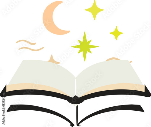 An open book with a crescent moon and sparkling stars above symbolizing imagination dreams and the magic of stories unfolding in the night sky