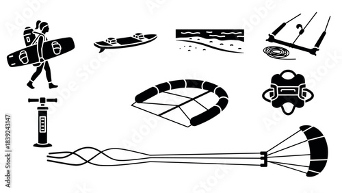 Kitesurfing equipment silhouettes: rider, board, kite, and beach elements