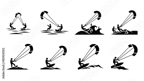 Silhouette kitesurfing icons collection: dynamic water sport designs