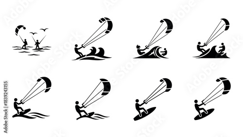 Kitesurfing icons: dynamic silhouette set of water sport actions