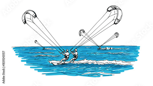 Kiteboarding adventure on the ocean waves in dynamic sketch art style