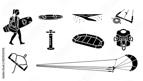 Silhouette collection of surfing and parasailing equipment for adventure sports enthusiasts