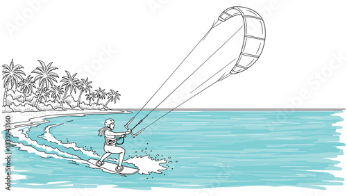 Kitesurfing adventure: dynamic line art of ocean and palm trees