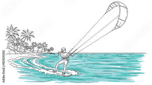 Kitesurfing adventure: dynamic line art of kiteboarder on tropical waves