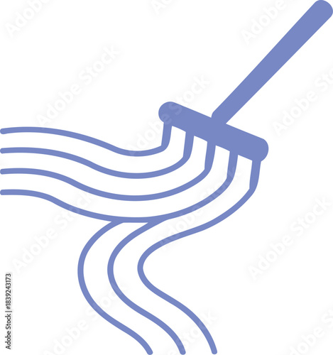 A simple stylized illustration of a blue rake creating wavy lines of blue on a white background representing the concept of cleaning or tidying up
