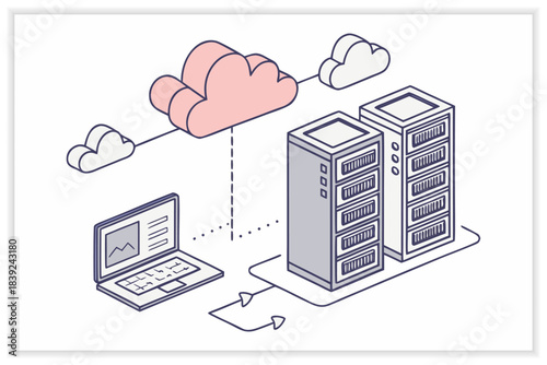 Modern Data Center Illustration Secure Cloud Server, Network Rack and Digital Infrastructure