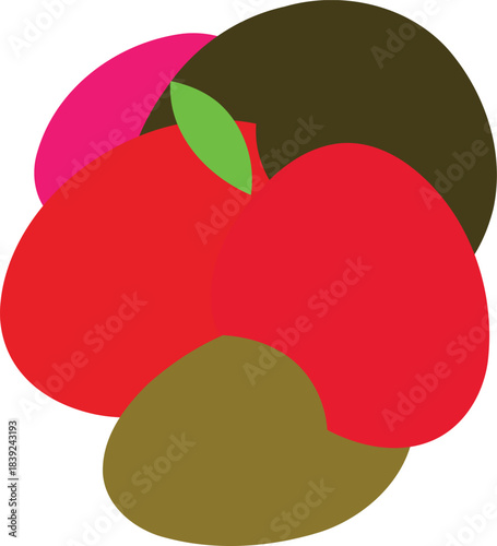 Abstract arrangement of vibrant red apple pink fruit slice dark brown fruit and green leaf creating a visually appealing organic composition with a modern artistic flair