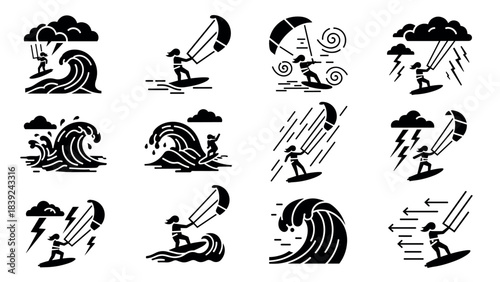 Extreme surfing adventure with winds and waves: icon set of action-packed water sports
