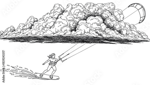 Dynamic kiteboarding scene with detailed cloud background