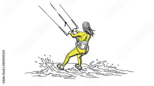 Dynamic kiteboarding adventure: female athlete surfing the waves in vibrant style