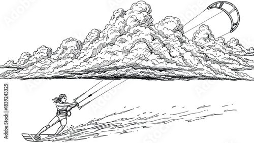 Detailed black and white drawing of woman kiteboarding with dramatic cloudscape